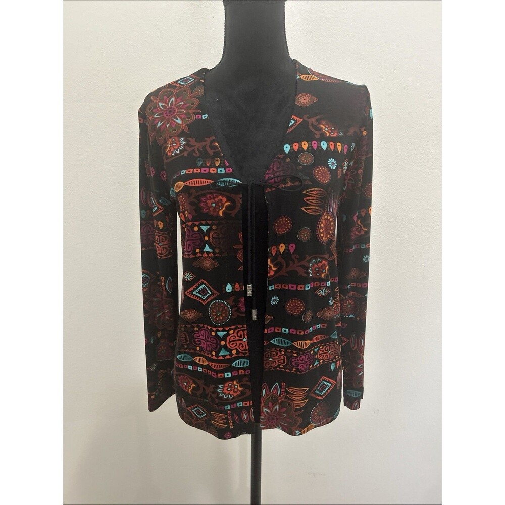 Chicos Travelers Sz 0 Womens S Cardigan Floral Boho Tribal Slinky Open Front